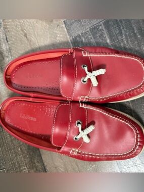 L.L. Bean Red Leather Slip On Loafers Mule Boat Shoes Preppy Coastal Classic
